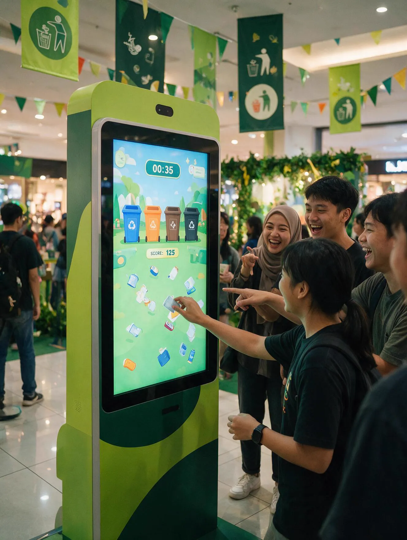 Player mid-game at the recycling kiosk, four coloured bins on screen, friends cheering behind