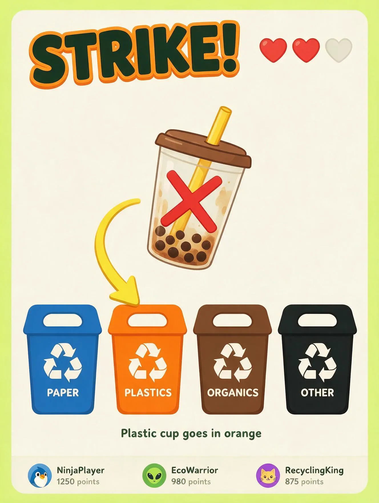Strike screen: bubble tea cup marked wrong, arrow pointing to the correct orange plastics bin, live leaderboard below