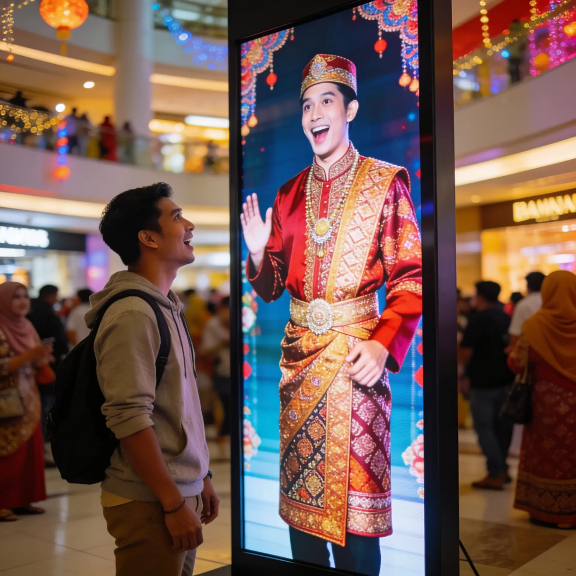 Guest reacting to the AI Try On Every Culture booth showing traditional dress