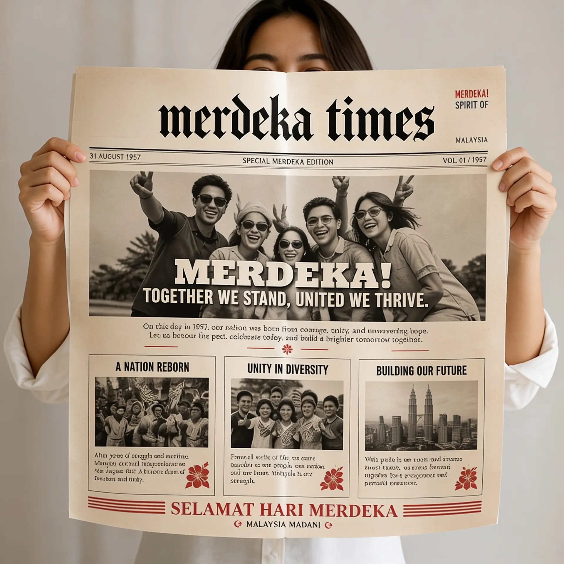 Guest holding up her Front Page Merdeka newspaper print