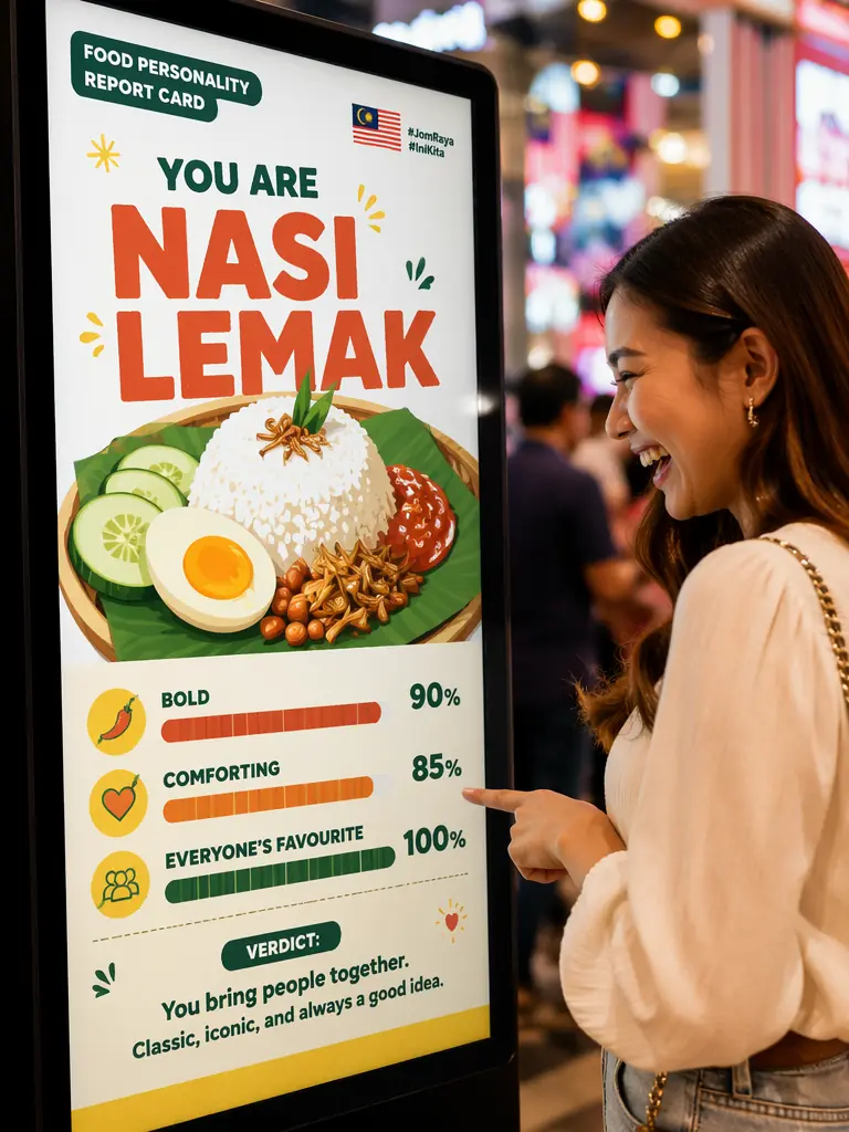 Guest pointing at her Which Malaysian Dish Are You? result on a mall screen