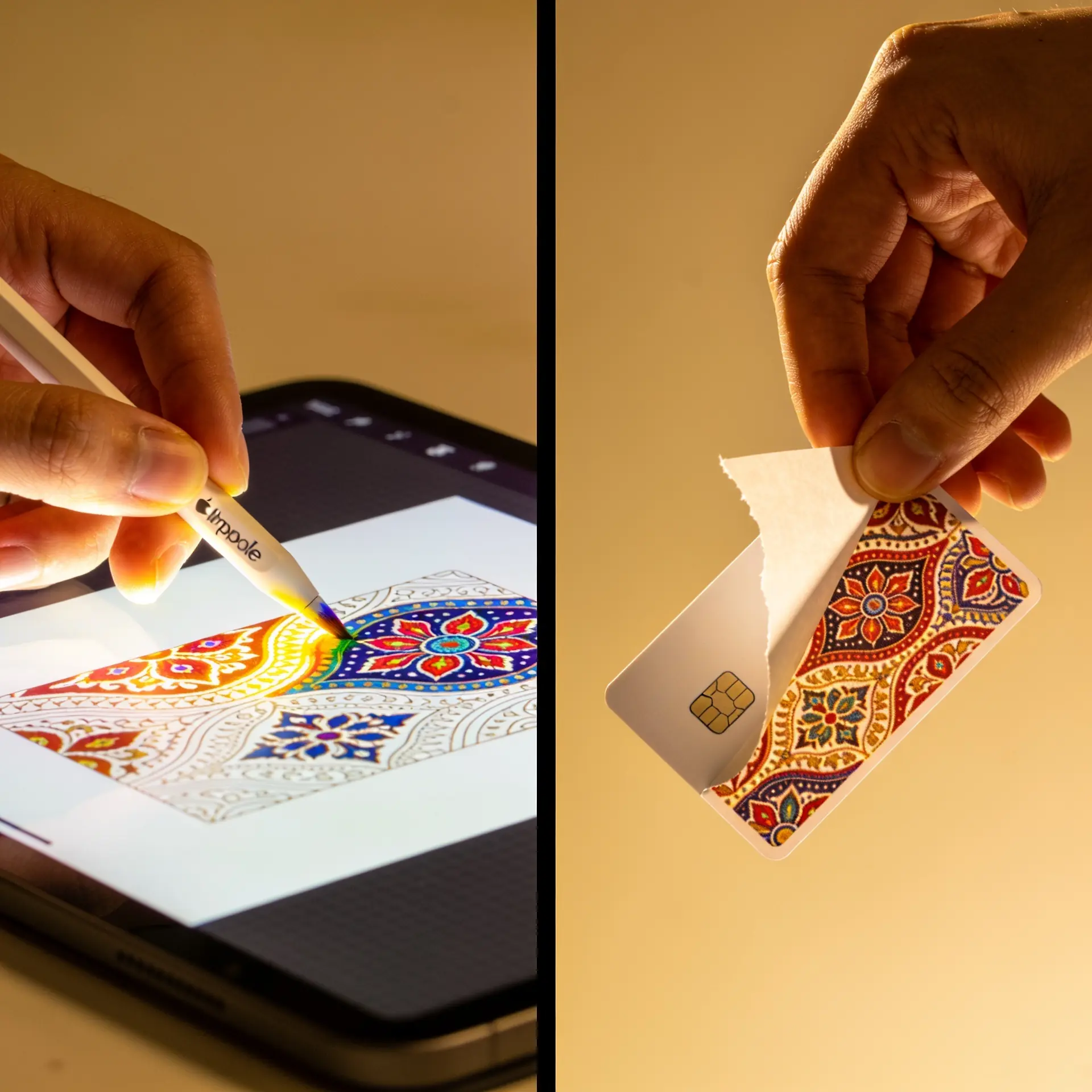Guest painting a digital batik pattern and peeling the printed sticker