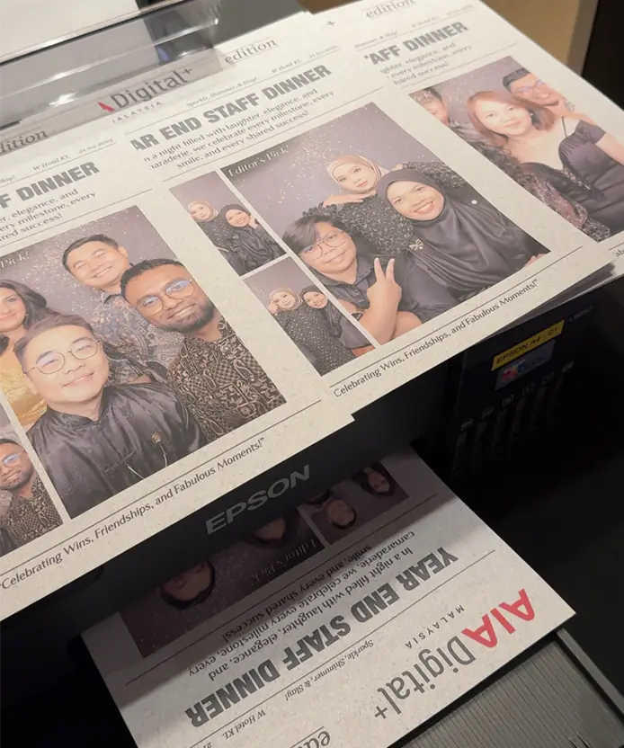 A4 newspaper photobooth print sample Malaysia ‚Äî 210 √ó 297mm tabloid laser-printed corporate edition